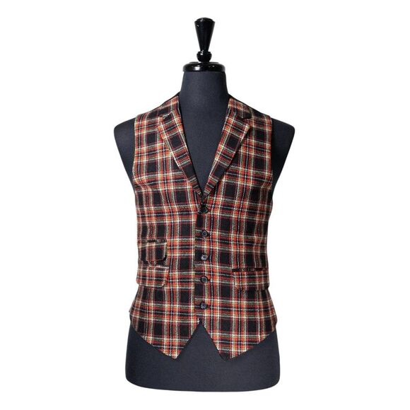 Mens Tartan Plaid Vest 40R Black Orange Wool Waistcoat Wedding Prom Formal Party - Picture 1 of 9